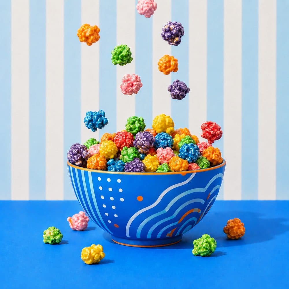 Bowl of colorful Cornfetti popcorn